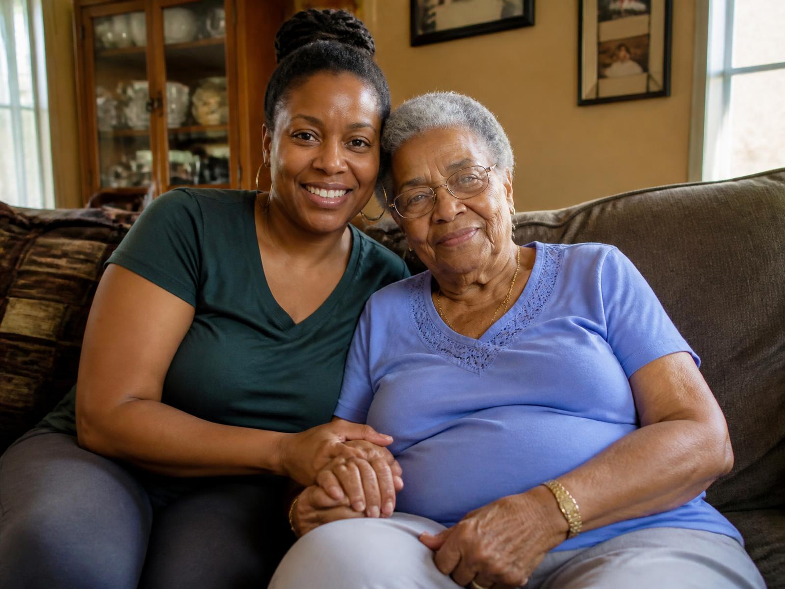 A granddaughter sitting with her grandmother at home in Lansing, Michigan